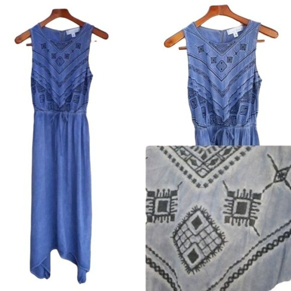 Vtg 90's‎ Kelly Renee Dress Chambray Embroidered Sleeveless SharkBite Maxi Sz S
